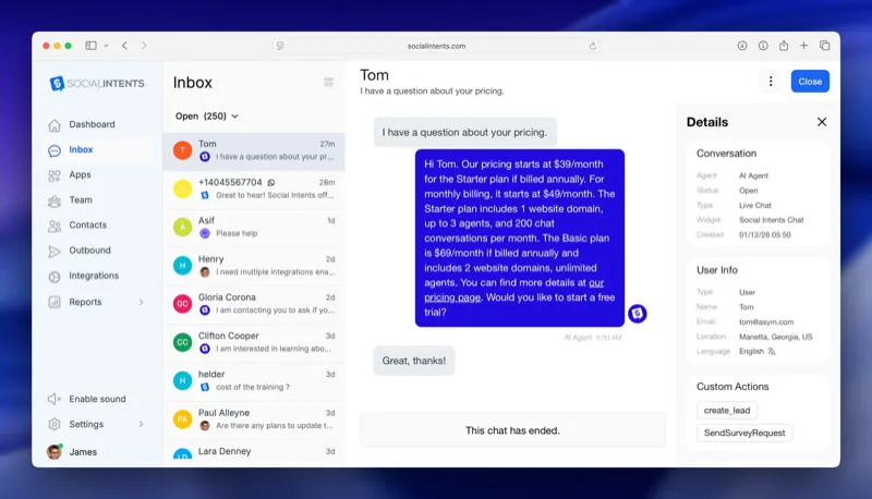 Social Intents dashboard showing live chat conversations