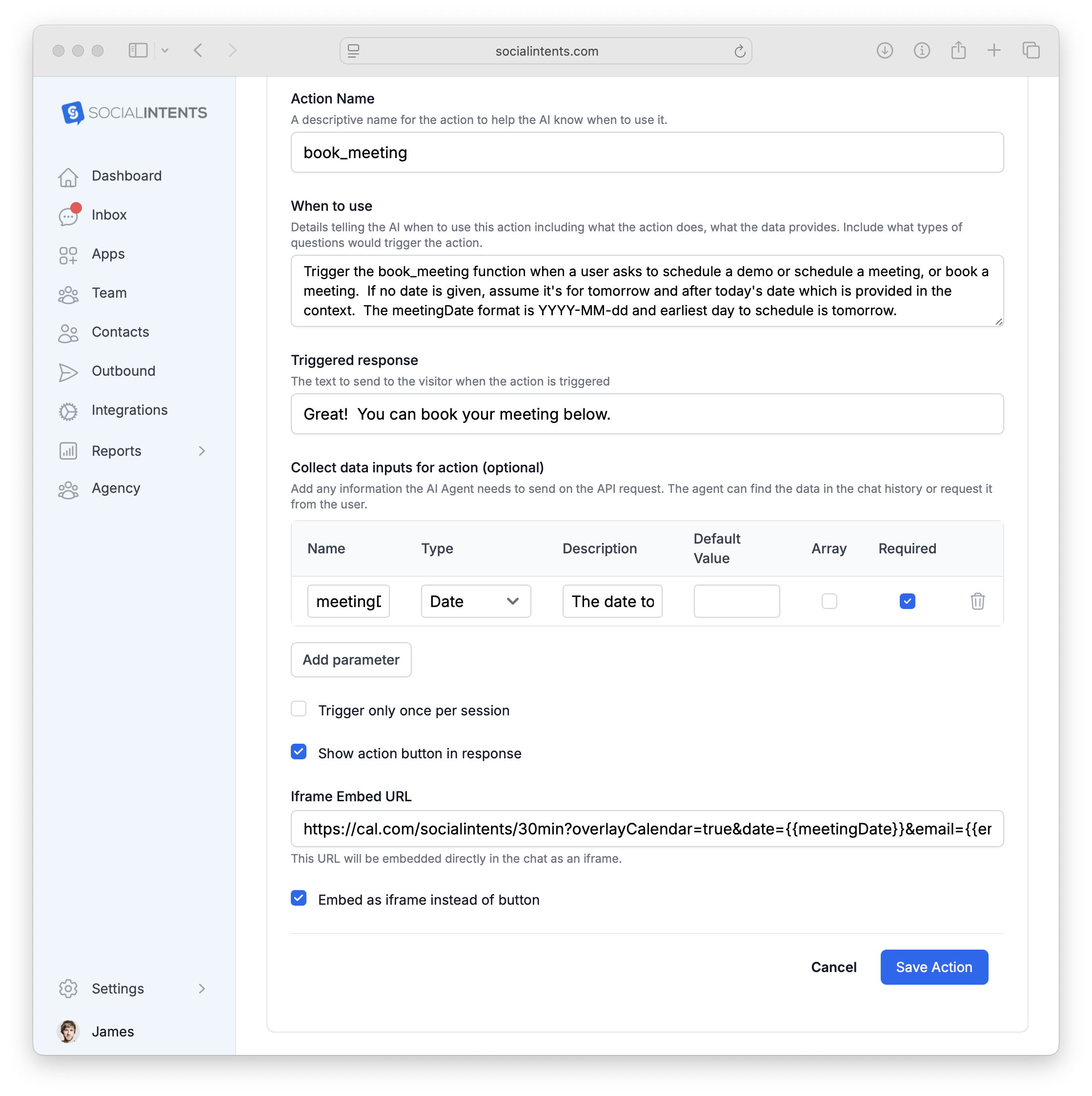 Cal.com action settings with URL template
